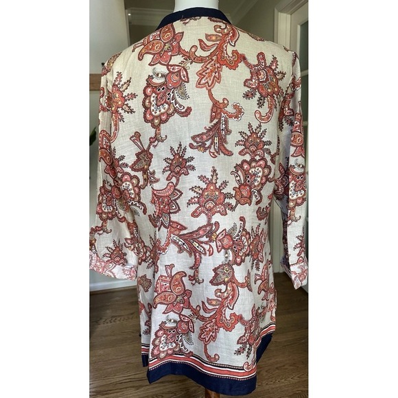 Charter Club Linen Tunic Top Blue Paisley Print Split Neck 3/4 Sleeve Size L - Picture 8 of 9